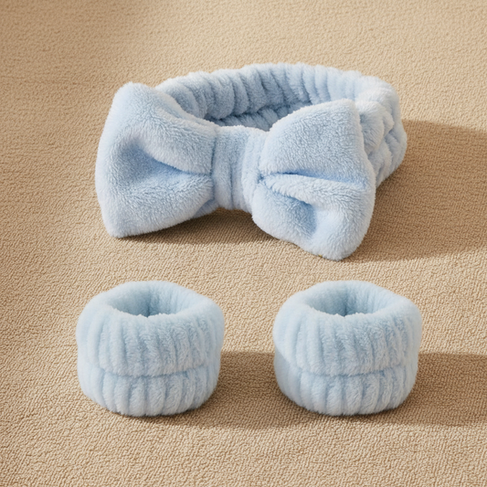 Spa Headband and Wristband Set on warm beige textured background